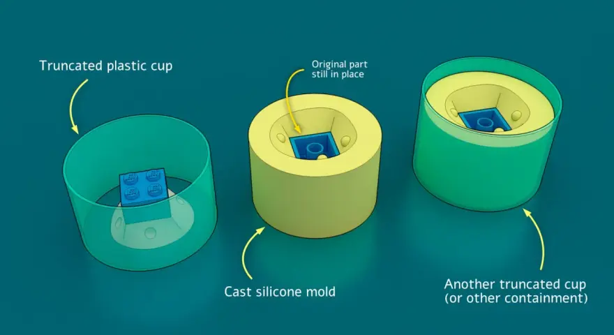A DIY resin mold process: a LEGO brick is placed in a cup, then a silicone mold is cast around it, and finally, the mold is placed in another cup for containment.