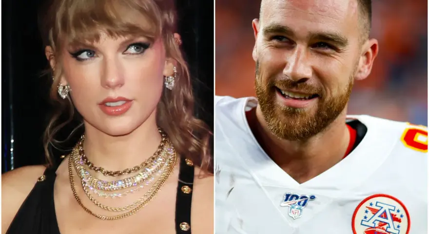 Taylor Swift e Travis Kelce, il suo futuro marito, sorridono in questa immagine divisa.