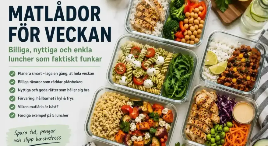 Matlådor för veckan med recept på billiga, nyttiga och enkla luncher. Fem färdiga exempel på matlådor som sparar tid och pengar.