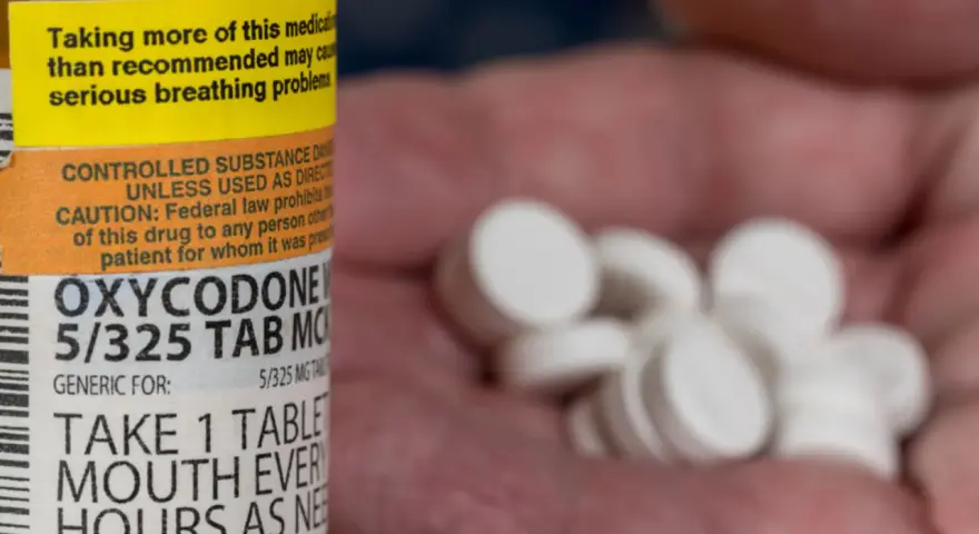 Zbliżenie na butelkę z lekiem Oxycodone i garść białych tabletek w dłoni.