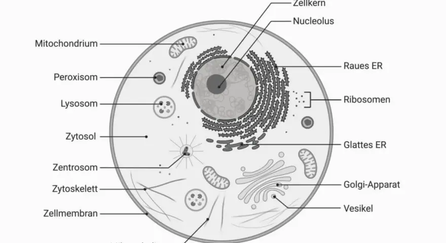Schematische Darstellung einer Zelle mit Zellkern, Mitochondrien, ER, Golgi-Apparat und weiteren Organellen.