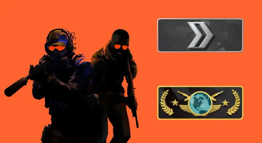 Dwóch graczy CS:GO z bronią, obok nich ikony rang: Srebrny II i Global Elite.