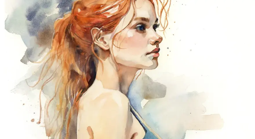 Composition aquarelle d'une jeune femme aux cheveux roux, regardant de profil, avec des touches de bleu et de gris en arrière-plan.