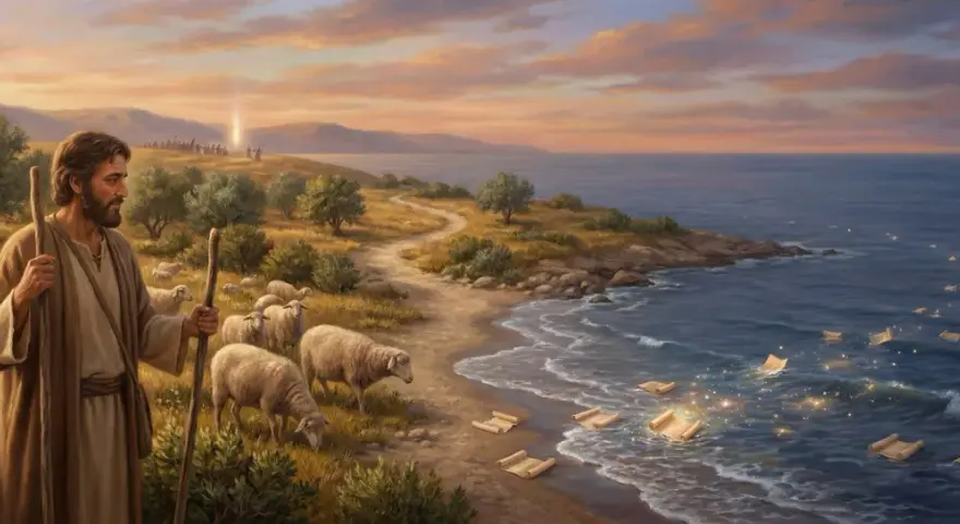 Ein Hirte mit Schafen am Meer, wo Schriftrollen wie Lichter auf dem Wasser treiben, eine Szene inspiriert von Epheser 1.