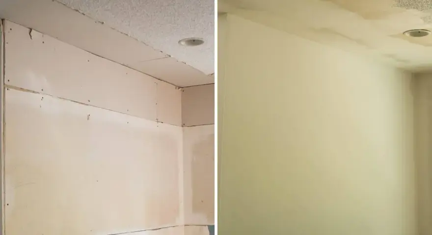 Before and after images show how to finish drywall, transforming a rough, unfinished wall into a smooth, painted surface.