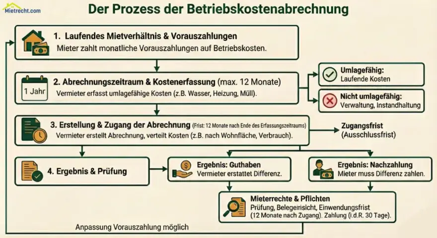Flussdiagramm erklärt den Prozess der Betriebskostenabrechnung, damit Mieter ihre Abrechnung verstehen. Es zeigt Schritte von Vorauszahlungen bis zum Ergebnis.