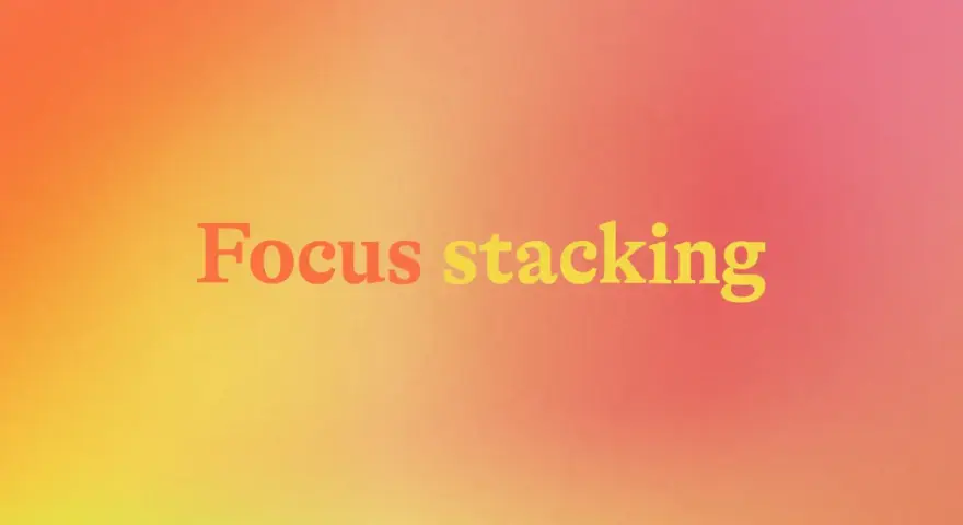 Napis "Focus stacking" na tle gradientu od pomarańczowego do różowego. Technika ta pozwala uzyskać ostrość na całym zdjęciu.