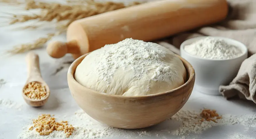 Ciasto na pyszną pizzę bezglutenową rośnie w drewnianej misce, obok wałka i mąki.
