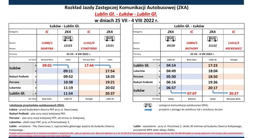 Rozkład jazdy zastępczej komunikacji autobusowej między Lublinem a Łukowem, z informacjami o pociągach PKP Intercity.