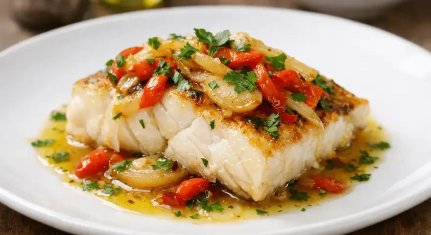Bacalao con verduras, un plato principal jugoso y lleno de sabor, con trozos de pimiento rojo y cebolla salteados, adornado con perejil fresco.