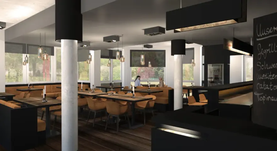 Modernes Fischrestaurant in Berlin mit Holzböden, braunen Ledersitzen und großen Fenstern.