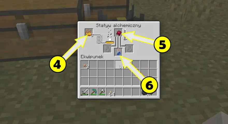 Tworzenie mikstury słabości w Minecraft. Na ekranie widać interfejs stacji alchemicznej z zaznaczonymi składnikami i gotowym eliksirem.