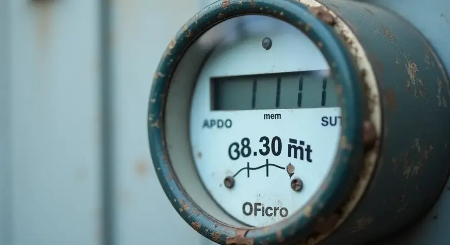 Cyfry z licznika gazu: 111 i 38.30 m³. Widoczny cyfrowy wyświetlacz z odczytem zużycia.