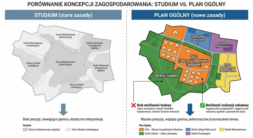Porównanie studium (stare zasady) i planu ogólnego (nowe zasady). Brak planu ogólnego w Twojej gminie zamrozi budowę domu na lata.