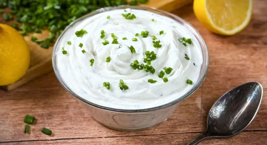 Cremige Sour Cream, garniert mit Schnittlauch, neben Zitronenspalten und einem Löffel auf Holzuntergrund.