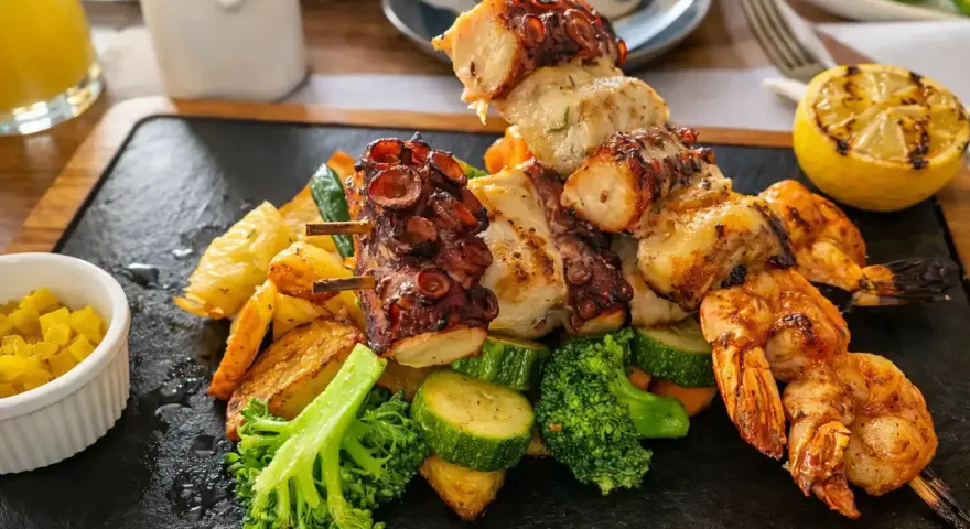 Grillowany ośmiornica i krewetki na szpadzie, podane z pieczonymi ziemniakami, warzywami i cytryną. Pyszne cypr jedzenie.