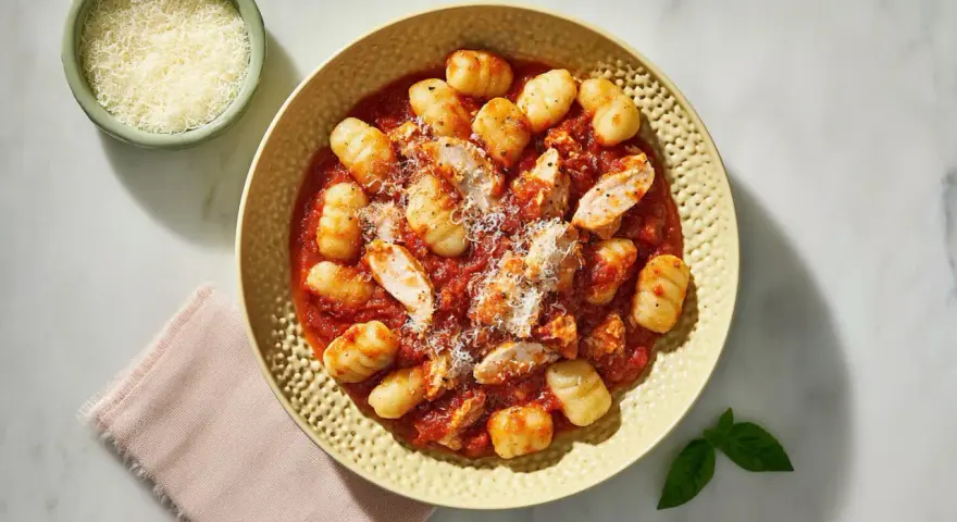 Pyszne gnocchi z kurczakiem w sosie pomidorowym, posypane parmezanem. Idealne danie dla miłośników włoskich smaków.