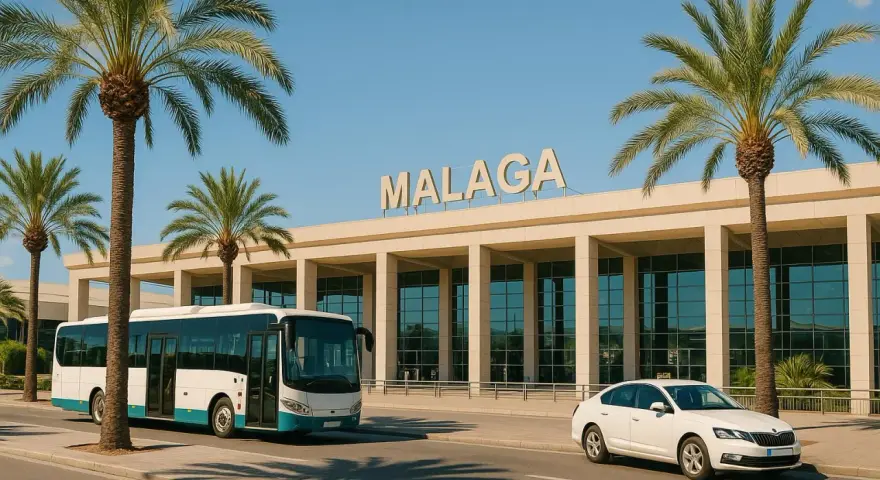 Autobus i biały samochód przed budynkiem lotniska Malaga. Idealne miejsce na rozpoczęcie podróży i tanie malaga loty.