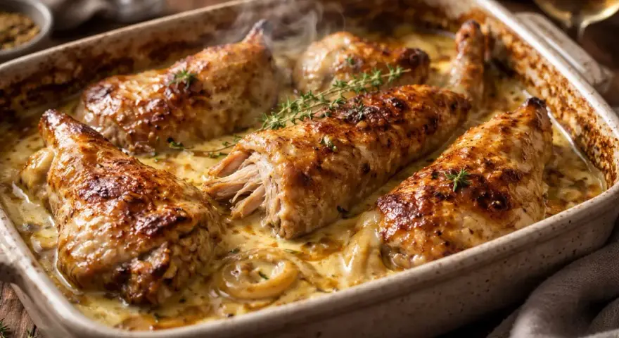 Un plat de lapin au four, doré et fumant, baignant dans une sauce crémeuse aux herbes.