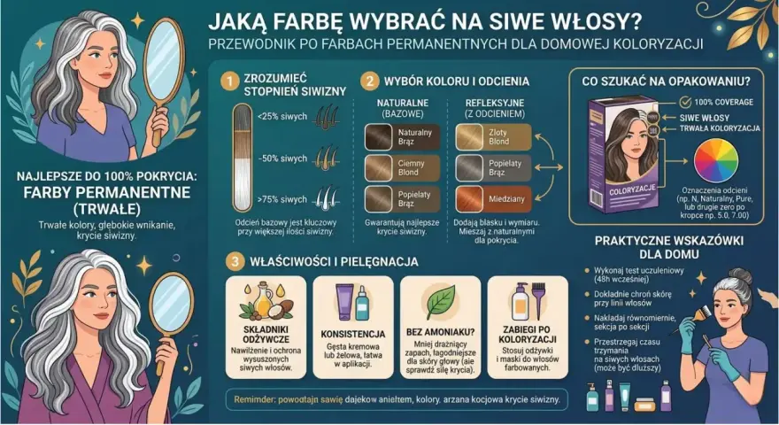 Jaka farba na siwe włosy? Przewodnik po farbach permanentnych, odcieniach i pielęgnacji dla idealnego krycia siwizny.