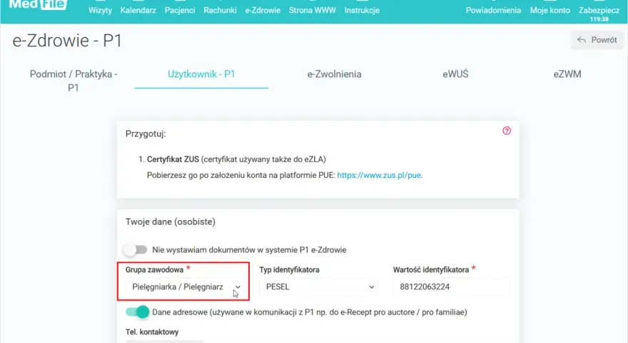 Recepta pielęgniarska pro familiae. Wpisz dane, wybierz grupę zawodową "Pielęgniarka / Pielęgniarz" i identyfikator.