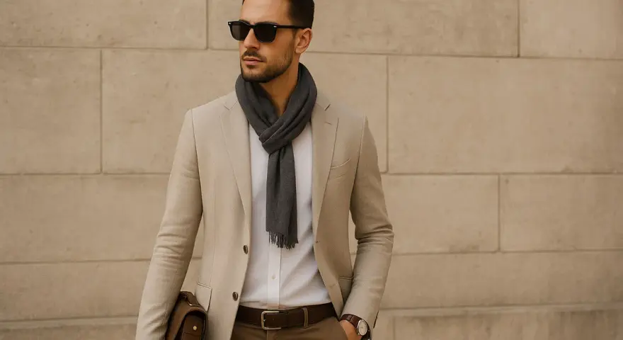 Uomo con blazer beige, sciarpa grigia e occhiali da sole. Un look elegante chic per un dress code uomo.