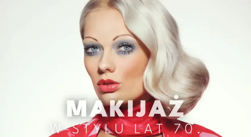 Kobieta z blond falowanymi włosami i wyrazistym makijażem oczu w stylu lat 70. Czerwona apaszka i sukienka.