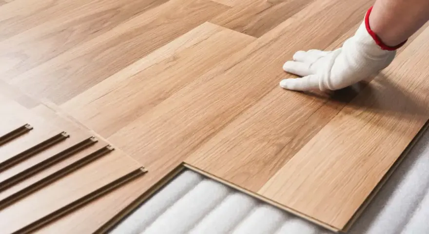 Instalación de suelo laminado. Mano con guante blanco colocando una tabla. Consulta el precio colocacion suelo laminado.
