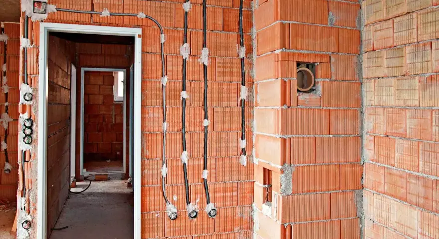 Instalacja elektryczna w trakcie budowy: łączenie kabli w ścianie bez puszki, widoczne przewody i otwory w cegłach.