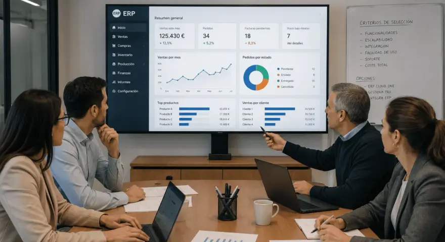 Equipo revisa métricas de ventas en pantalla, discutiendo opciones de proveedores de software ERP.