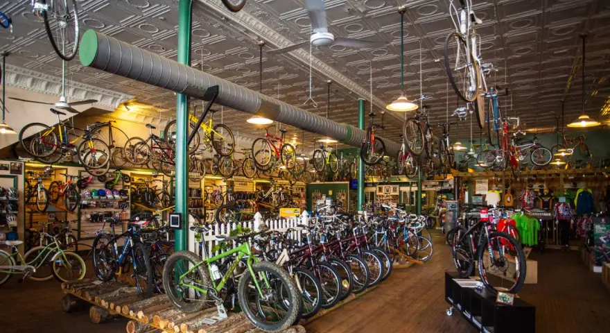 A bike shop interior, showcasing a wide selection of bicycles, from road bikes to mountain bikes, offering advice on how to choose a mountain bike.
