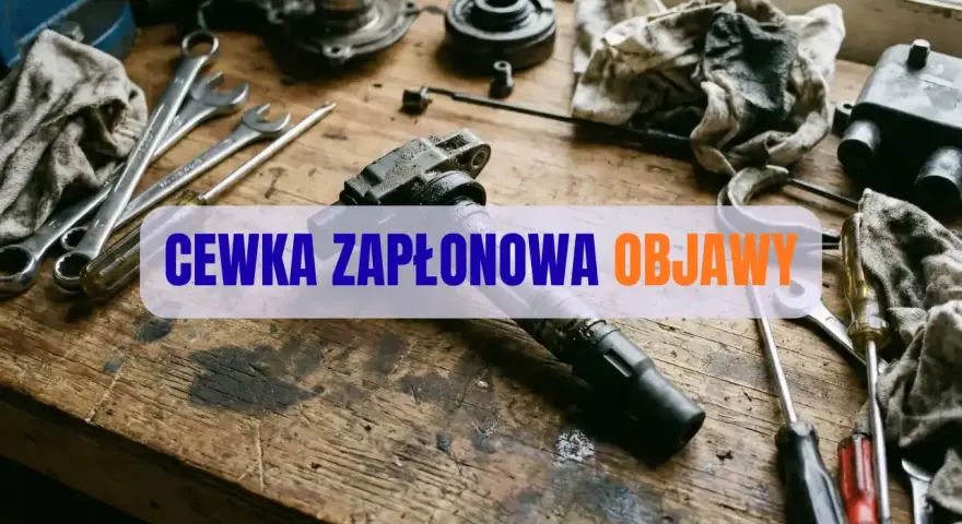 Narzędzia i części samochodowe na drewnianym stole. Widoczna cewka zapłonowa objawy awarii.
