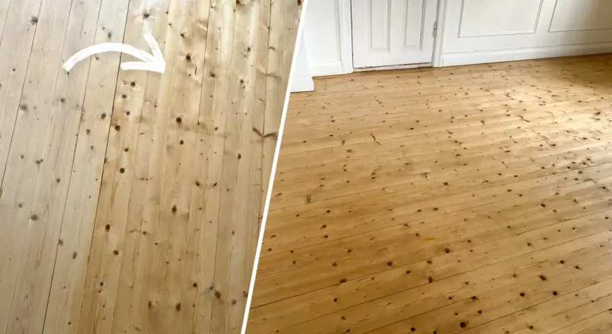 Före och efter-bild som visar hur man kan måla furugolv för att ge det nytt liv.