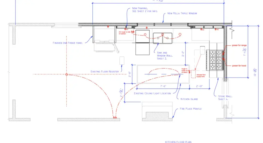 Detailed kitchen cabinet layout showing sink, island, stove, and fridge placement.
