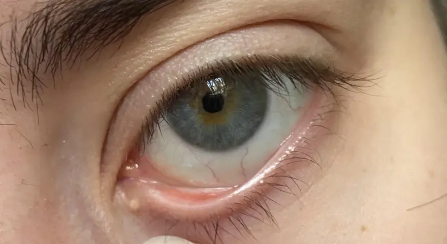 Ojo con milium en el contorno. Pequeños puntos blancos bajo la piel, un desafío para eliminar milium contorno ojos.