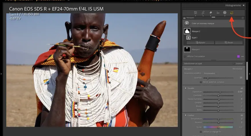 Portrait d'un homme Massaï, ajustements de masques dans Lightroom dernière version.