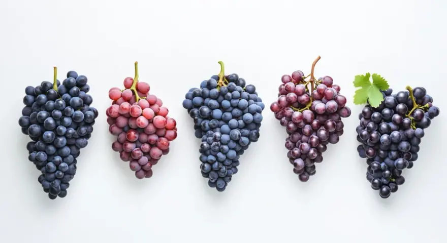 Cinq grappes de raisins, bleus et rouges, posées sur fond blanc. Le pinot noir est-il un vin rouge ? Ces raisins bleus foncés pourraient bien le confirmer.