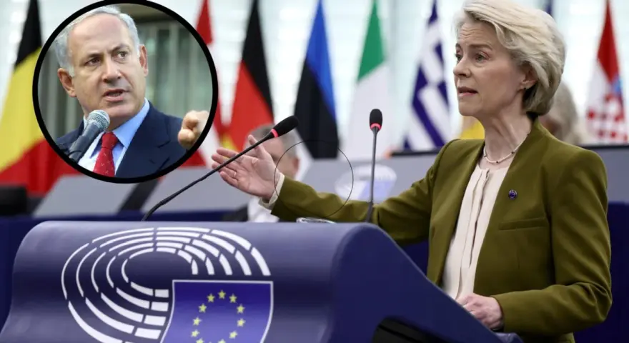 Ursula von der Leyen przemawia na tle flag państwowych, podczas gdy w okręgu widać Benjamina Netanjahu. Czy Izrael to kontynent?
