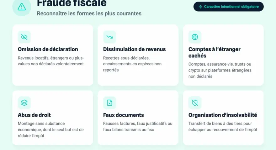 Infographie sur la fraude fiscale, détaillant ses formes courantes : omission de déclaration, dissimulation de revenus, comptes à l'étranger cachés, abus de droit, faux documents, organisation d'insolvabilité.