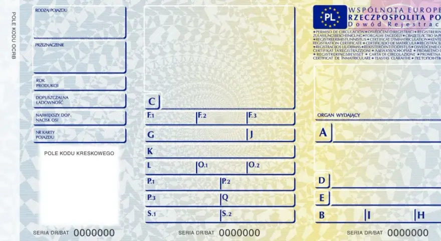Dowód rejestracyjny z oznaczeniami pojazdu, jego przeznaczenia i danych technicznych. Widoczne pola na wpisanie informacji.