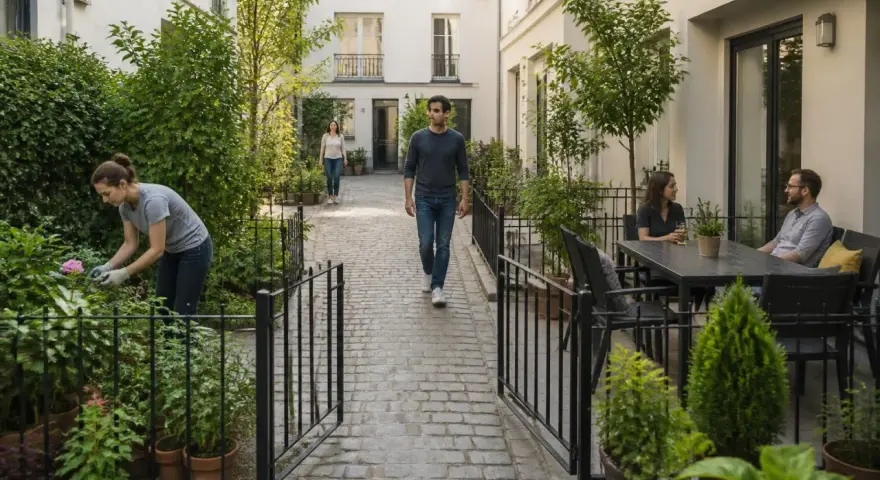 Cour intérieure paisible. Une femme jardine, un homme marche, un couple discute à table. La **servitude non altius tollendi** garantit la vue dégagée.