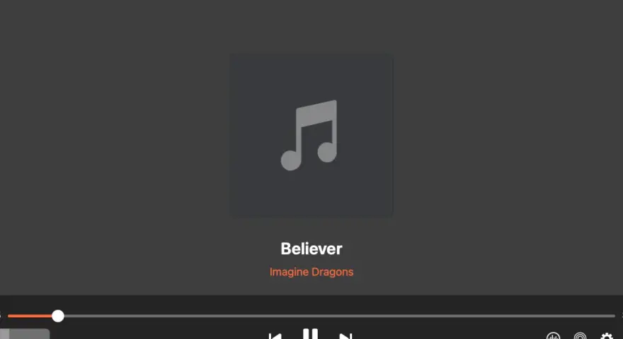 Aplikacja do słuchania muzyki odtwarza "Believer" Imagine Dragons. Widoczny jest pasek postępu i przyciski sterowania.