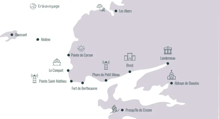 Carte stylisée de Brest et ses environs, montrant des lieux comme Ouessant, Molène, Le Conquet, Brest, et la Presqu'île de Crozon.
