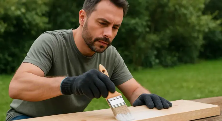 Uomo con guanti applica una mano di vernice bianca su un asse di legno grezzo, un passo essenziale nel trattamento legno grezzo per proteggerlo e abbellirlo.