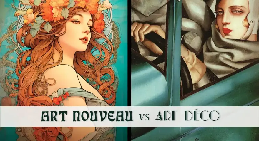 Comparaison entre l'art nouveau et l'art déco : une femme à la couronne de fleurs et une autre au volant d'une voiture.