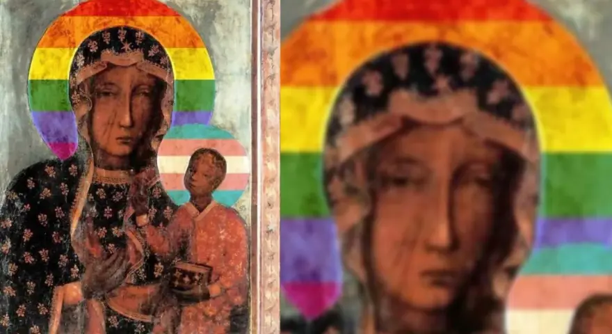 Obraz Matki Boskiej z Dzieciątkiem w tęczowej aureoli i z symbolem osób transpłciowych. Czy to wino Maryjka ile procent?
