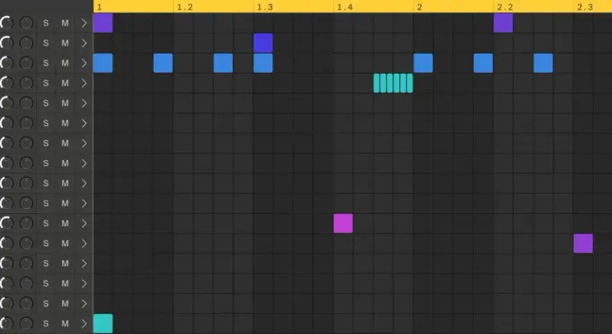 Ein bunter **drill drum pattern** mit vielen Noten. Kick, Snare und Hi-Hat sind zu hören.
