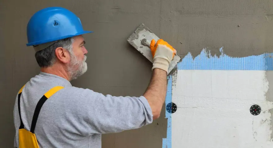 Budowlaniec w niebieskim kasku nakłada tynk na styropian. Prace nad fasadą, w tym suche tynki, postępują.