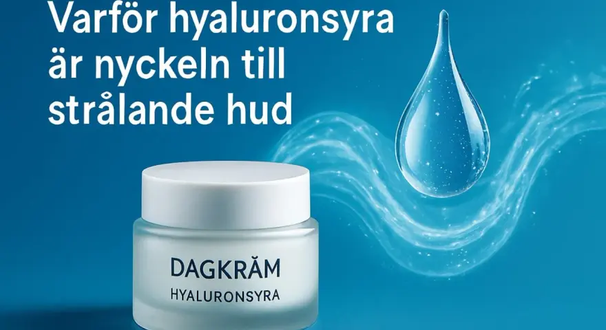 En burk dagkräm med texten "Hyaluronssyra" bredvid en stor vattendroppe. Texten ovanför lyder: "Varför hyaluronsyra är nyckeln till strålande hud".