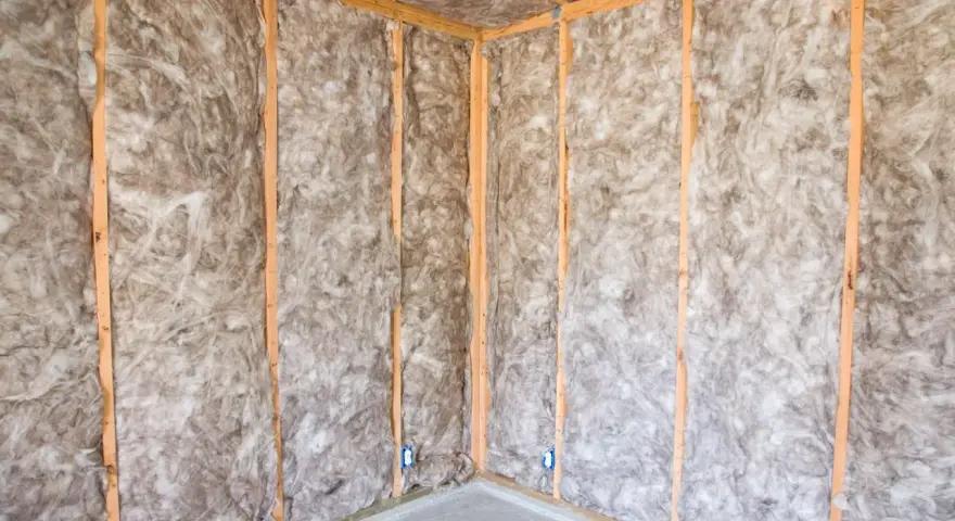 Coin d'une pièce en construction, murs et plafond recouverts d'une isolation ouate de cellulose.